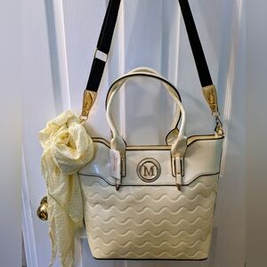 Ivory Cream Quilted Shoulder Bag / Satchel with Gold Accent And Matching Scarf
